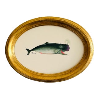 Original Handpainted Whale Painting in a Vintage Italian Oval Frame For Sale