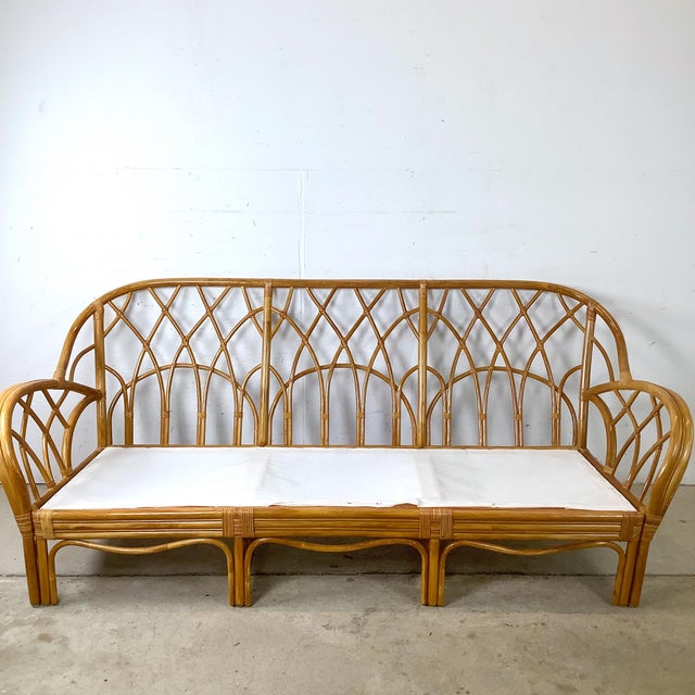 Vintage Palm Beach Style Rattan Sofa With Architectural Lattice Back For Sale - Image 16 of 18