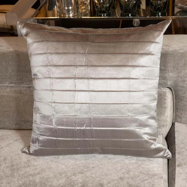 Early 21st Century Modernist Striated Antique Silver Silk Pillows - a Pair For Sale - Image 5 of 8