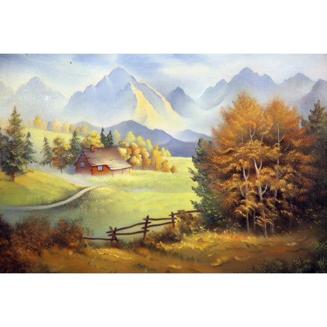 Signed B. Feucht Alpine Mountain Cabin Landscape Painting, Wood Frame For Sale - Image 4 of 6
