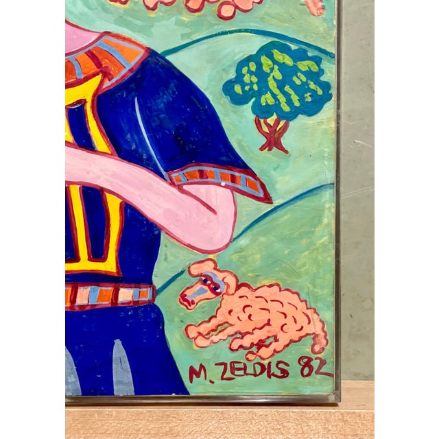Malcah Zeldis, Malcah Zeldis Folk Art Gouache Painting King David Self Taught Outsider Artist, 1982 For Sale - Image 4 of 9
