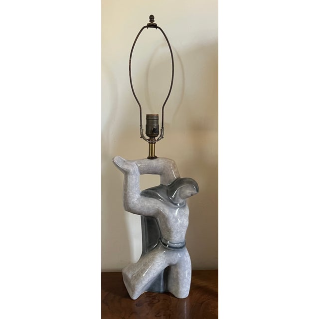 Mid-Century Modern Cubist Sculptural 1940's Heifetz Pottery Figural Atlas Table Lamp With Period Fiberglass Lampshade For Sale - Image 3 of 13