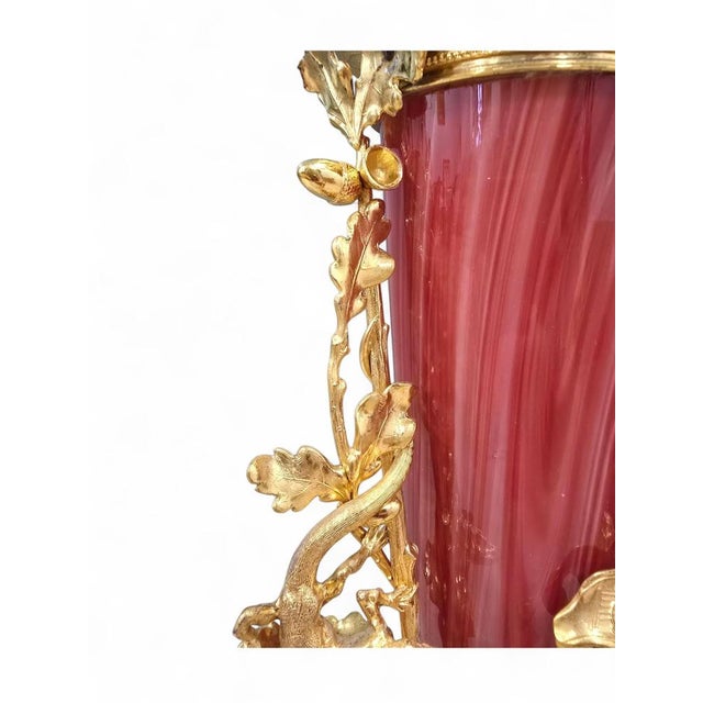 Large Vintage European Gilded Blown Red Glass Vase, 1940 For Sale - Image 6 of 12