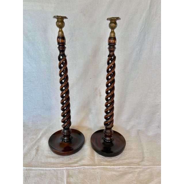 19th Century English Oak Open Barley Twist Candlesticks - A Pair For Sale - Image 9 of 12