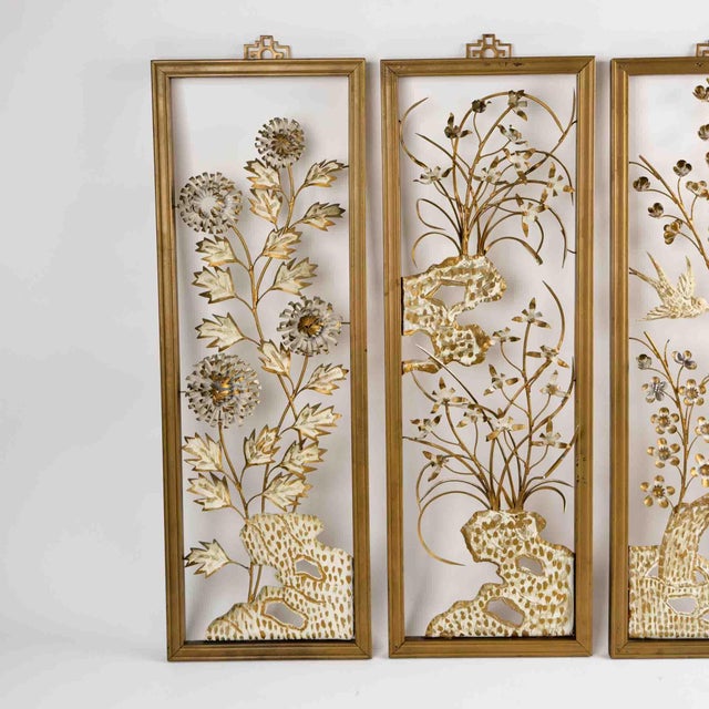 Vintage Mid-Century Metal Flower Wall Art Set - Gold Cream Botanical Collection - Set of 4 For Sale - Image 10 of 12