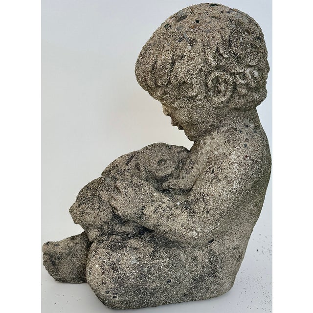 Reconstituted Stone Boy Holding Rabbit Garden Sculpture, 20th Century For Sale - Image 4 of 8