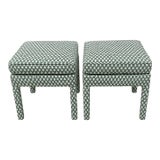 Sister Parish Burma Performance in Spruce Dark Green Parsons Ottomans - A Pair For Sale