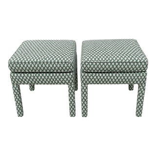 Sister Parish Burma Performance in Spruce Dark Green Parsons Ottomans - A Pair For Sale
