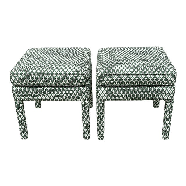Sister Parish Burma Performance in Spruce Dark Green Parsons Ottomans - A Pair For Sale