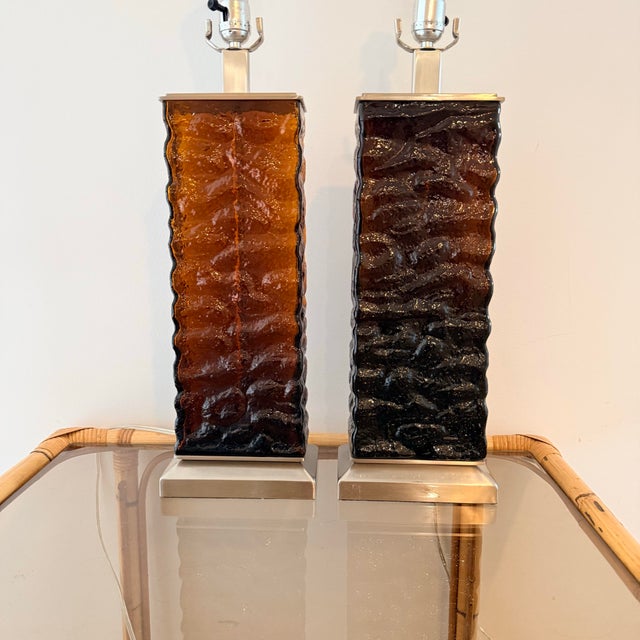 Amber-Brown Textured Wavy Glass Table Lamps in the Mid-Century Modern Taste - A Pair For Sale - Image 9 of 9