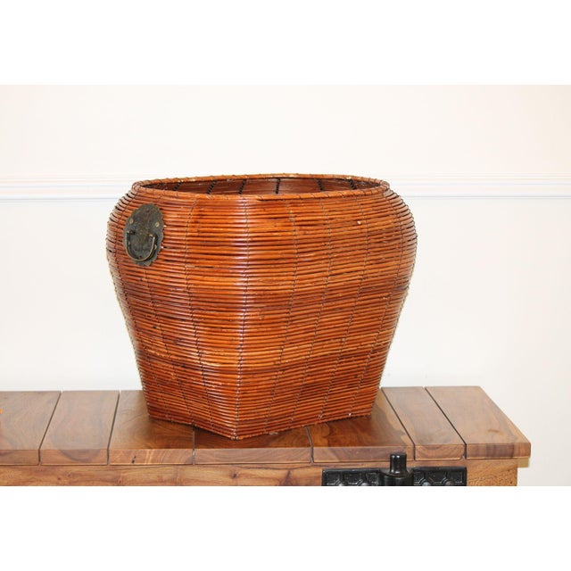 Boho Chic Gorgeous, Large, Vintage Pencil Reed Basket, Iron Handles For Sale - Image 3 of 12
