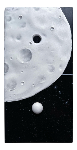 Vera Vizzi, Lunar Crater, 2026, Blue and White Foam Clay Relief on Wood