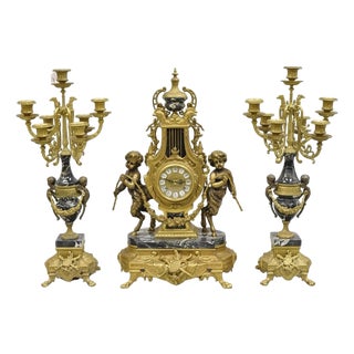 Vintage French Louis XV Style Brevettato Italy Brass & Marble Figural Clock Set For Sale