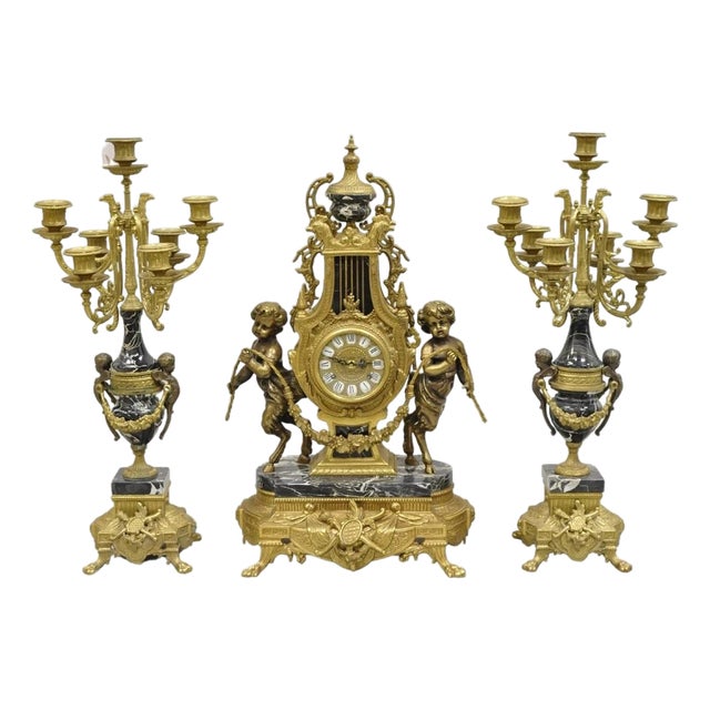 Vintage French Louis XV Style Brevettato Italy Brass & Marble Figural Clock Set For Sale