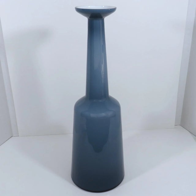 Danish glass artist Bent Nordsted's 1958 blown cased glass tall vase in a shade he named nightblue. Nordsted & Co....