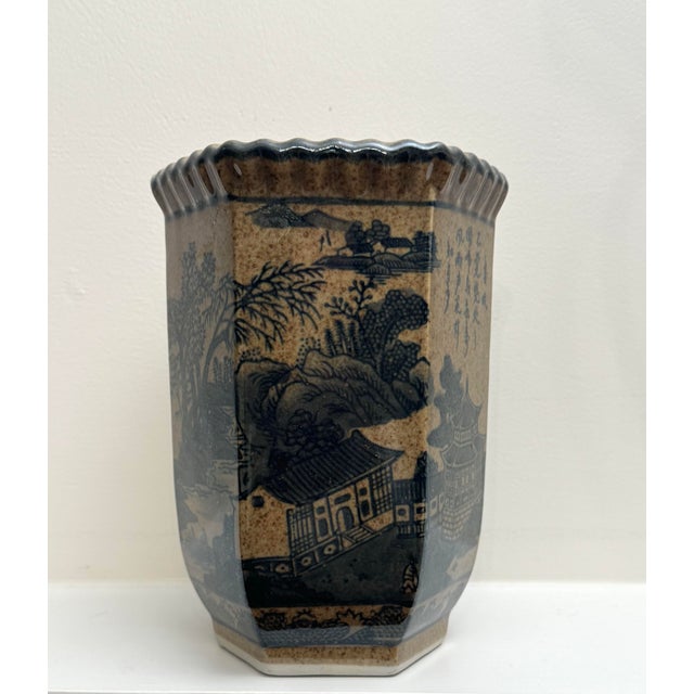 Ceramic Vintage Chinoiserie Landscape Scene Glazed Ceramic Hexagon Vase, Taupe & Black For Sale - Image 7 of 12