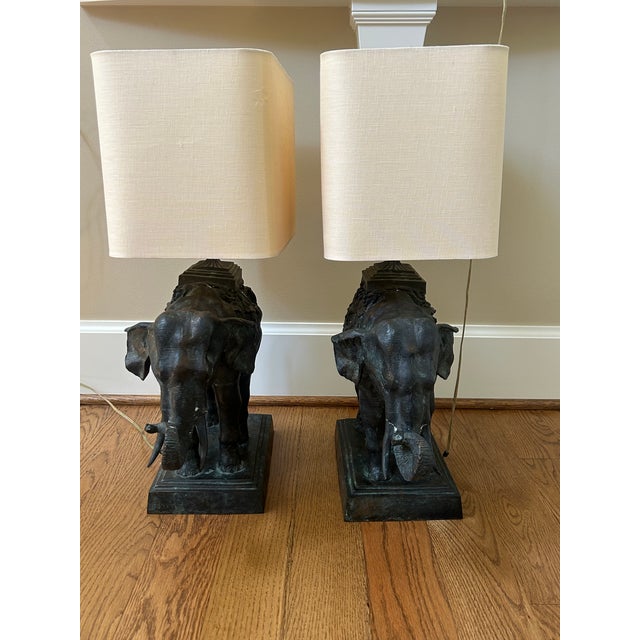 Metal Early 20th Century Rare Matched Pair — Maitland-Smith Figural Elephant Lamps, Cast Brass/Bronze With Original Shades For Sale - Image 7 of 7