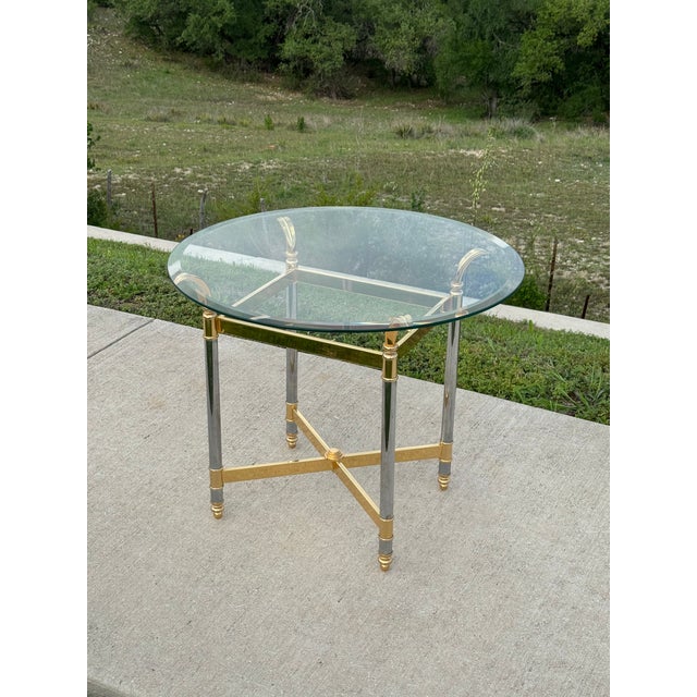 1960s Mid-Century Hollywood Regency Maison Jansen Style Polished Chrome & Brass Glass Top End Table For Sale - Image 5 of 10