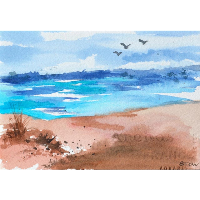Serene watercolor of a coastal scene by an unknown artist named Stow (American, 1955-2016). Signed "Stow" in the lower...