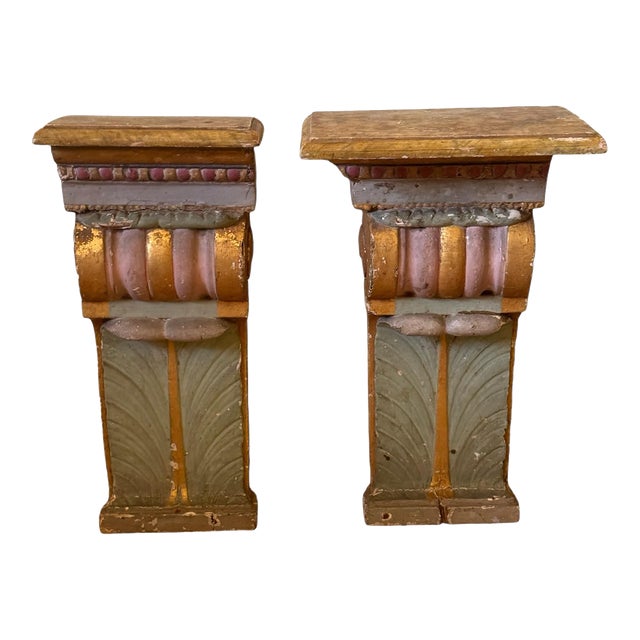Matching Pair of Italian Painted Brackets With Faux Marble Tops. For Sale