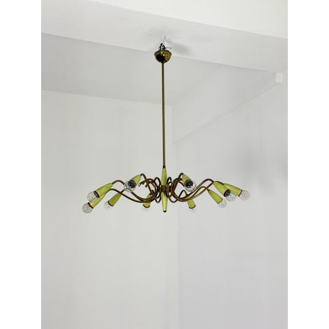 Mid-Century Modern Brass 10-Light Chandelier with Green Cones in the style of Stilnovo, 1950s For Sale - Image 3 of 11