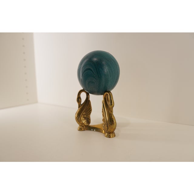 Hollywood Regency Vintage Hollywood Regency Brass Swan Stand With Malachite-Style Sphere For Sale - Image 3 of 15