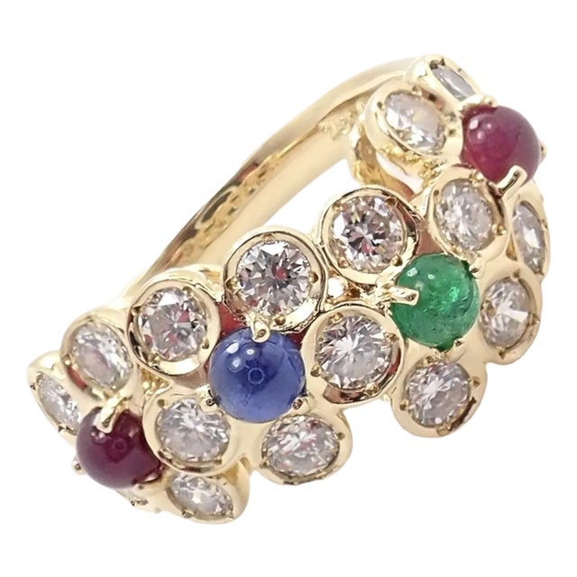 Late 20th Century Rare Christian Dior Yellow Gold Ruby Emerald Sapphire Diamond Flower Ring, Size 5.75 For Sale