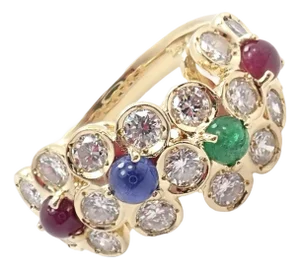 Late 20th Century Rare Christian Dior Yellow Gold Ruby Emerald Sapphire Diamond Flower Ring, Size 5.75