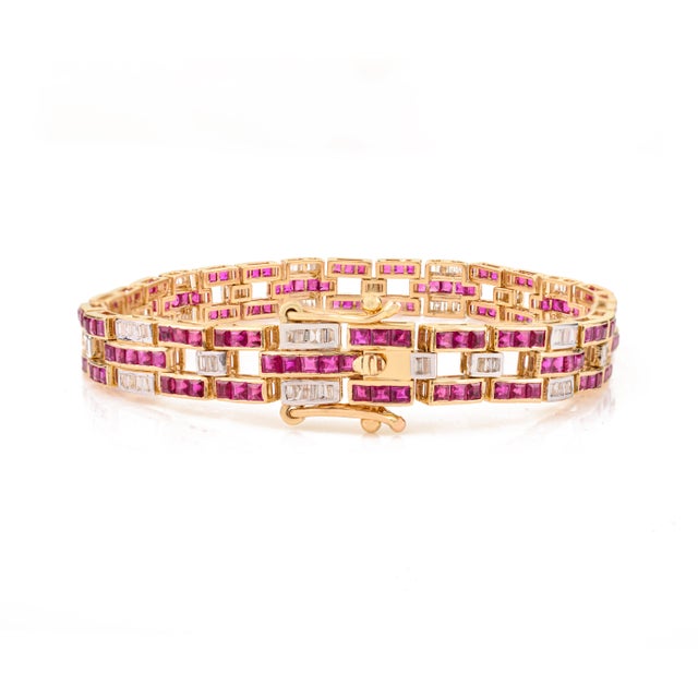Metal Greek Inspired Channel Set Ruby Diamond Vintage Link Bracelet in 14k Gold For Sale - Image 7 of 14