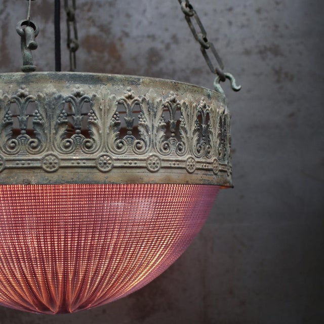 Holophane French Brass Violet Glass Plafonnier Pendant Lamp by Holophane Paris For Sale - Image 4 of 12