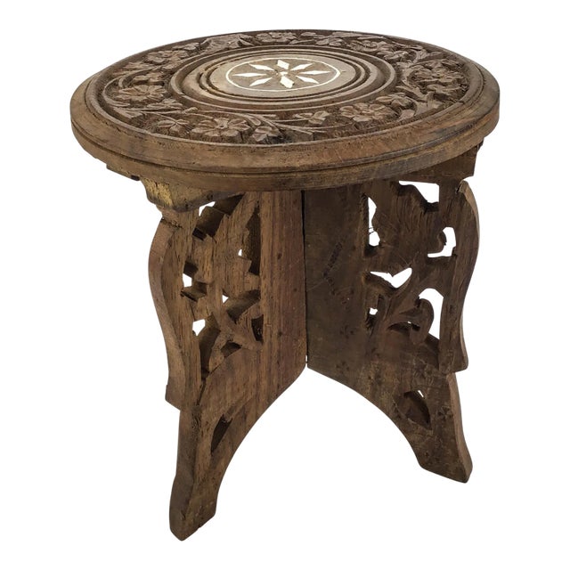Moroccan Camphor Wood Inlaid Carved Folding Display Table For Sale