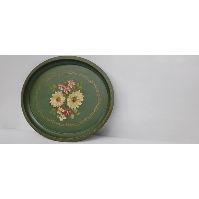 1970s 1970s Rustic Floral Metal Tole Serving Tray For Sale - Image 5 of 7