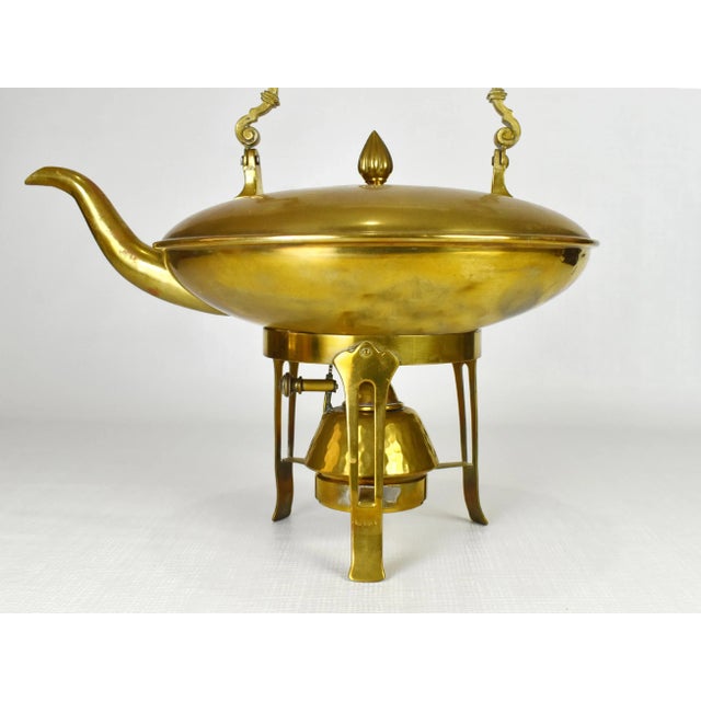 Antique Victorian Brass Tea Kettle With Burner Set With Ceramic Handle For Sale - Image 4 of 12