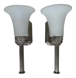 Vintage Late 20th Century Brushed Chrome Column Sconces - Set of 2