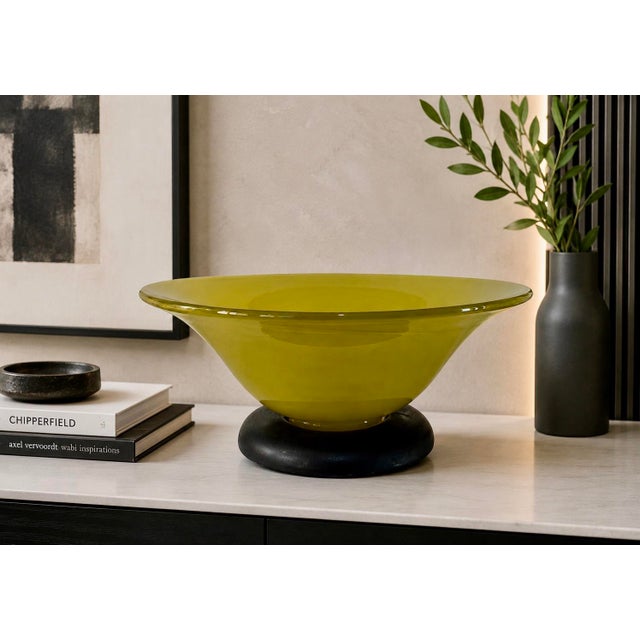Vintage mid-century modern art glass pedestal centerpiece bowl featuring a rich mustard yellow coloration and removable...