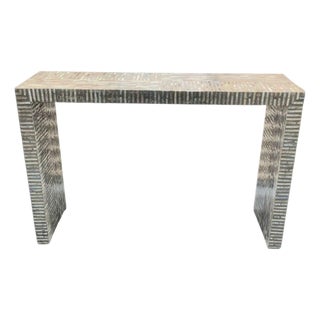 Mother of Pearl Slim Narrow Gray Beige Tessellated Tile Console Table For Sale