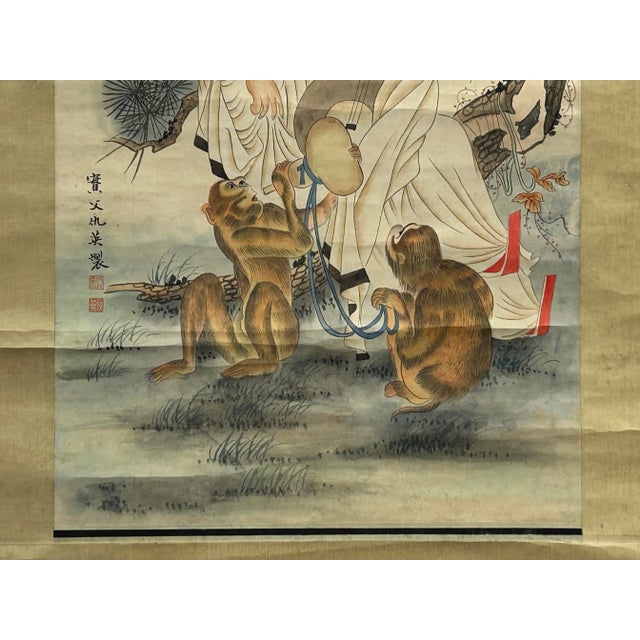 Oriental Scholar Monkeys Ink Brush Color Scroll Painting Wall Art For Sale - Image 4 of 11