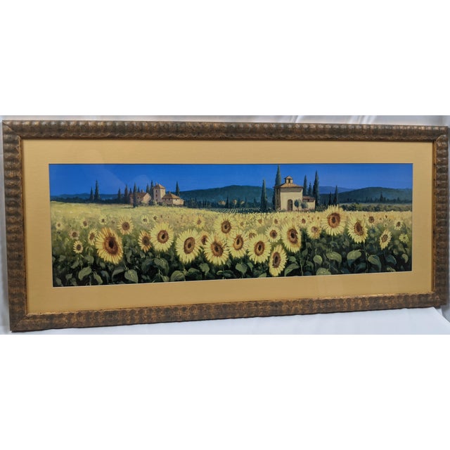 Wood Late 20th Century Large Tuscan Sunflower Panorama Framed & Matted Landscape Print Rustic Italian Countryside For Sale - Image 7 of 17