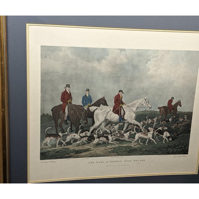Large Vintage “The Earl of Derby’s Stag Hounds” Equestrian Artwork, Custom Framed Blue, Cream, Red For Sale - Image 13 of 18