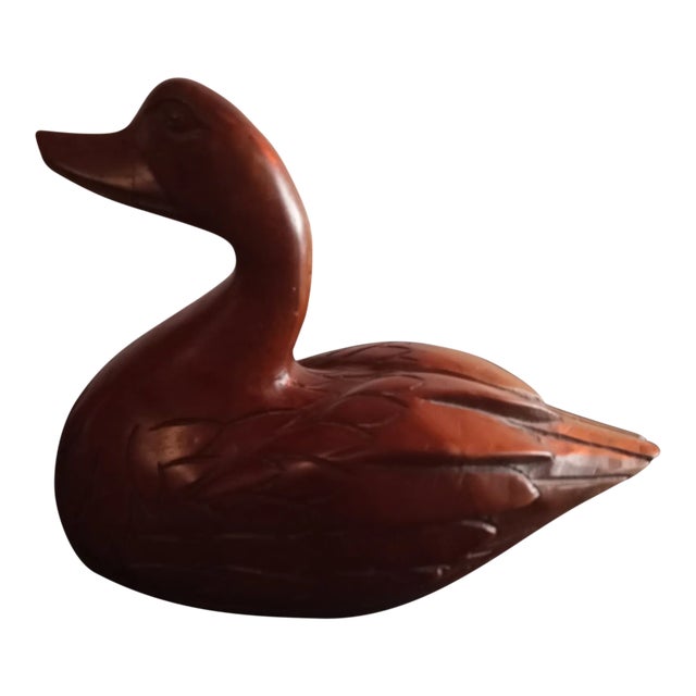 1980s Hand Carved Wood Duck Sculpture For Sale