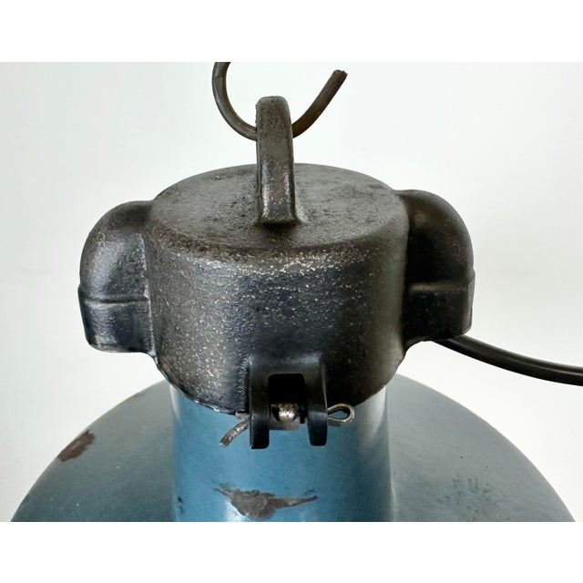 1960s Industrial Blue Enamel Factory Lamp with Cast Iron Top, 1960s For Sale - Image 5 of 16