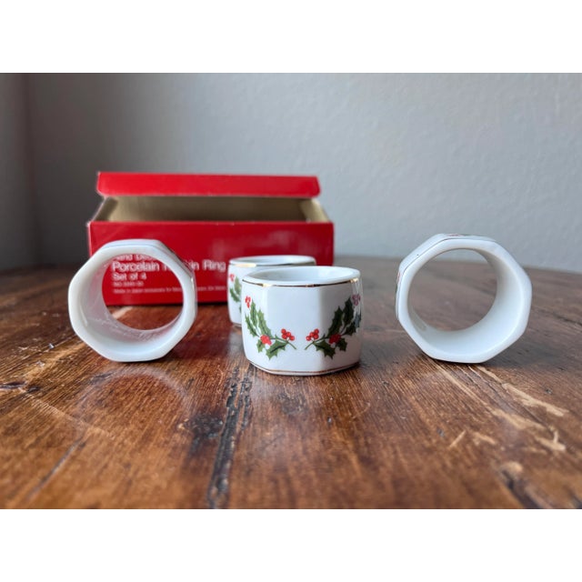 Traditional Set of 4 - Vintage Hand Decorated Christmas Holly Porcelain Napkin Rings, Napkin Holder With Original Box, Made in Japan For Sale - Image 3 of 8