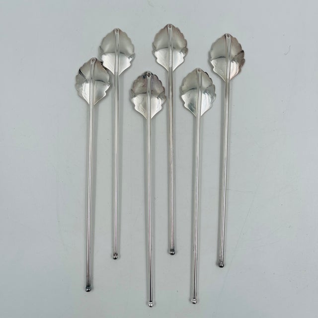 Mid-Century Modern Silverplate Leaf Design Cocktail Stirrer Straws Sipper Spoons Denmark - Set of 6 For Sale - Image 13 of 16