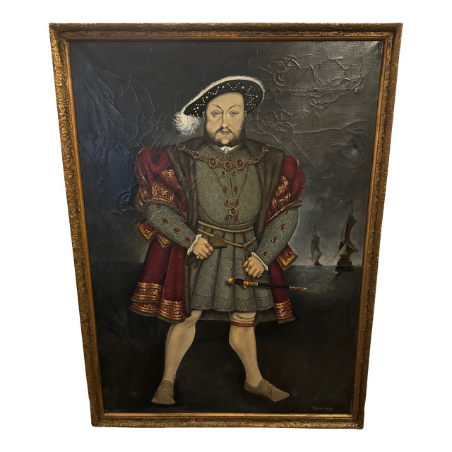 Huge English Oil Painting Portrait Tudor Royal King Henry VIII After Hans Holbein For Sale