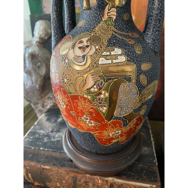 1920s Antique Navy Blue Satsuma Lamp For Sale - Image 5 of 12