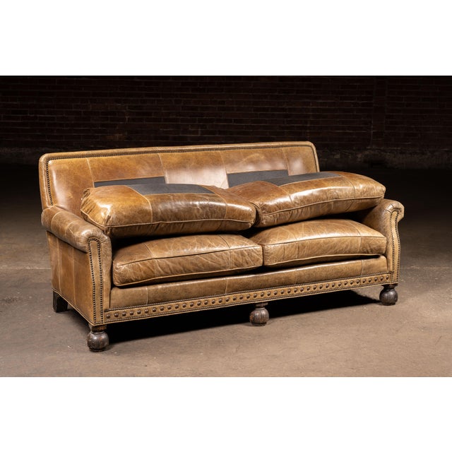 Mid 20th Century Distressed Leather Nailhead Sofa in Tan With Turned Bun Feet For Sale In Chicago - Image 6 of 12