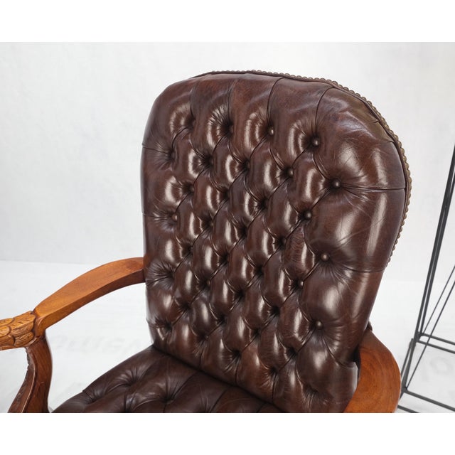 Brown Leather Chesterfield Backs & Seat Carved Walnut Armchairs Fireside Chairs For Sale - Image 10 of 13