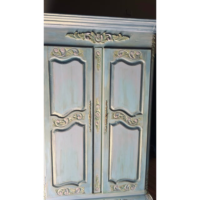 Wood Gorgeous Whimsical and Romantic Blue Vintage French Provincial Armoire Custom Hand Painted. For Sale - Image 7 of 12