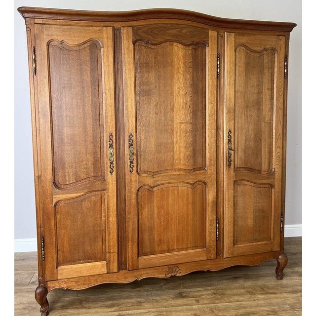 Vintage French Louis XVI Style Carved Oak 3-Door Wardrobe For Sale - Image 10 of 12