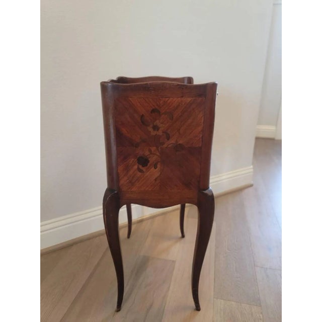 19th Century French Louis XV Style Marquetry Inlaid Marble Top Nightstand For Sale - Image 9 of 13